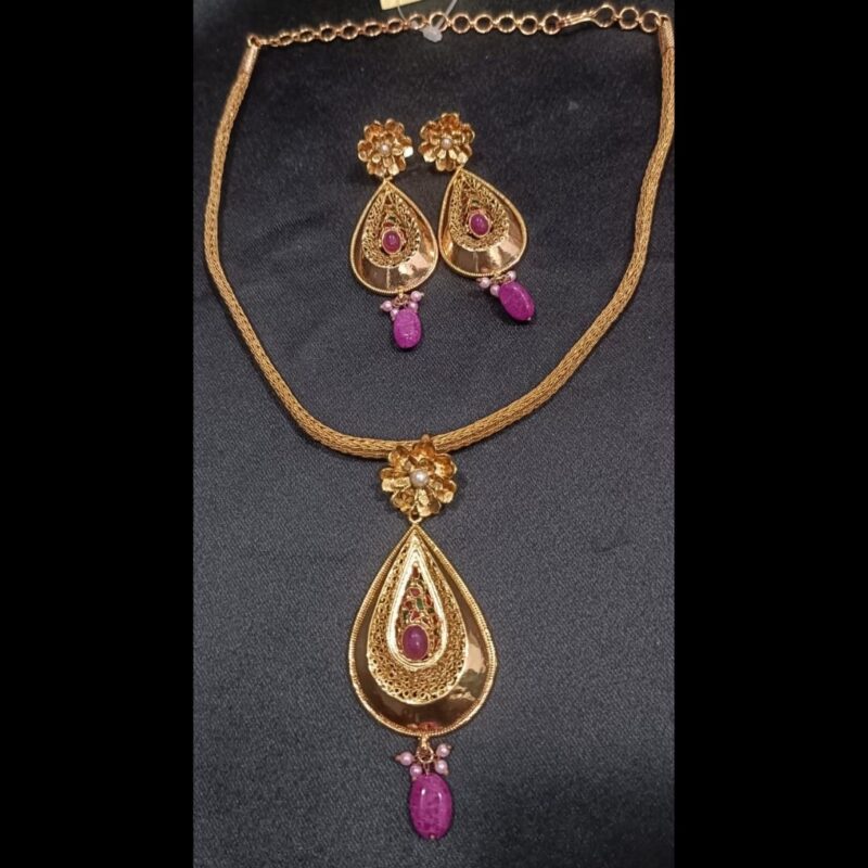 Exquisite One Gram Gold-Plated Jewelry Set with Purple Stone Pendant and Earrings - Image 2