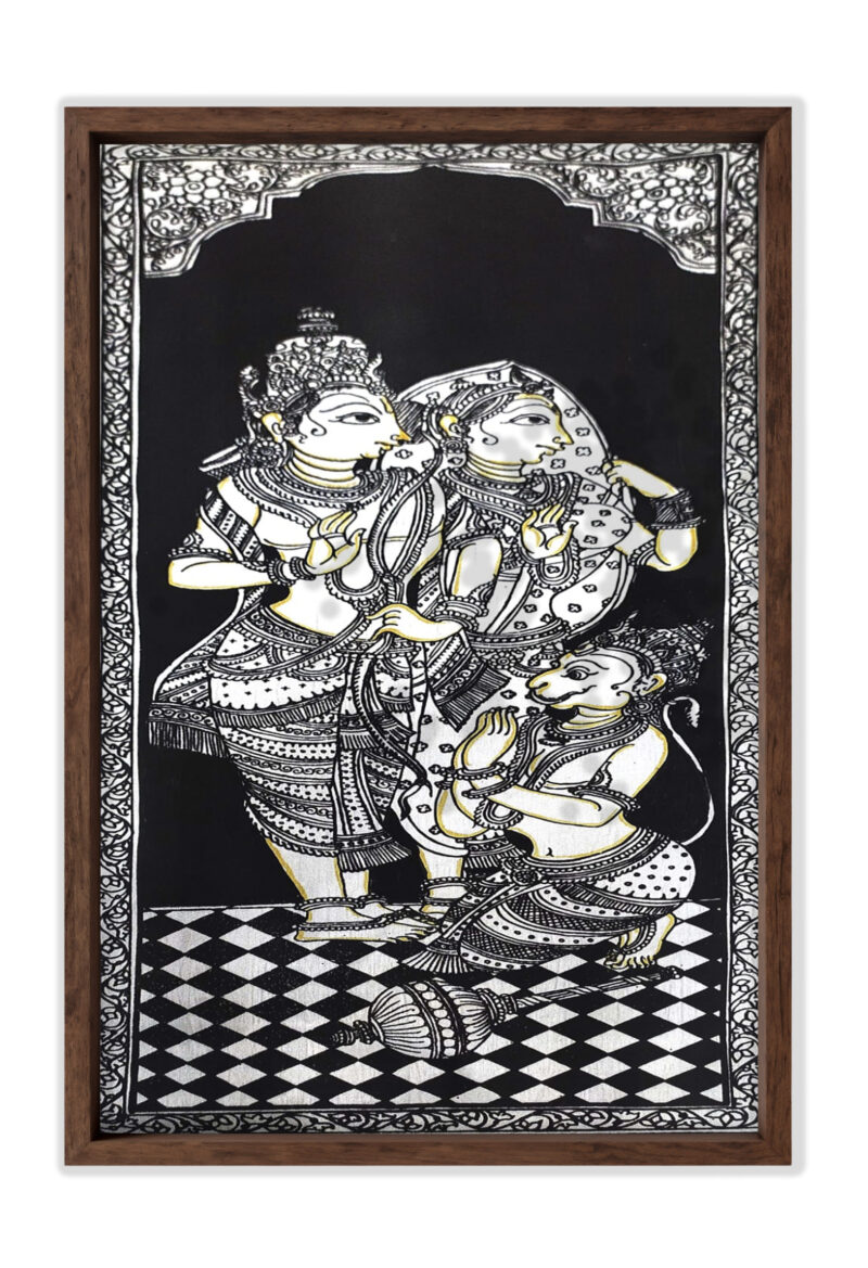 traditional canvas Pattachitra painting beautifully captures the divine trio of Lord Ram,Goddess Sita, and devotee Hanuman.
