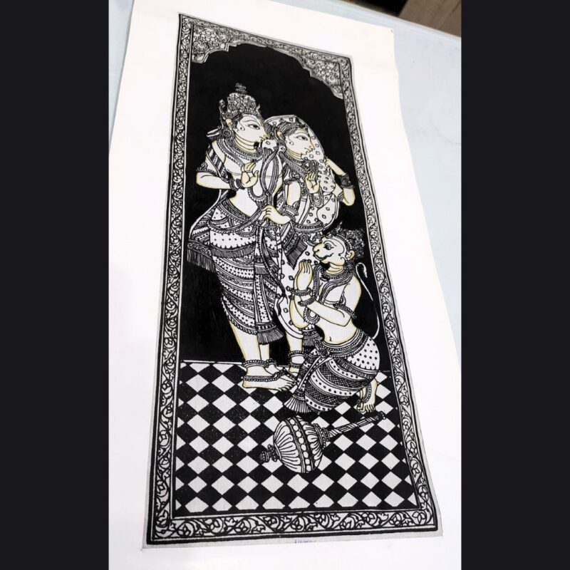 traditional canvas Pattachitra painting beautifully captures the divine trio of Lord Ram,Goddess Sita, and devotee Hanuman. - Image 2