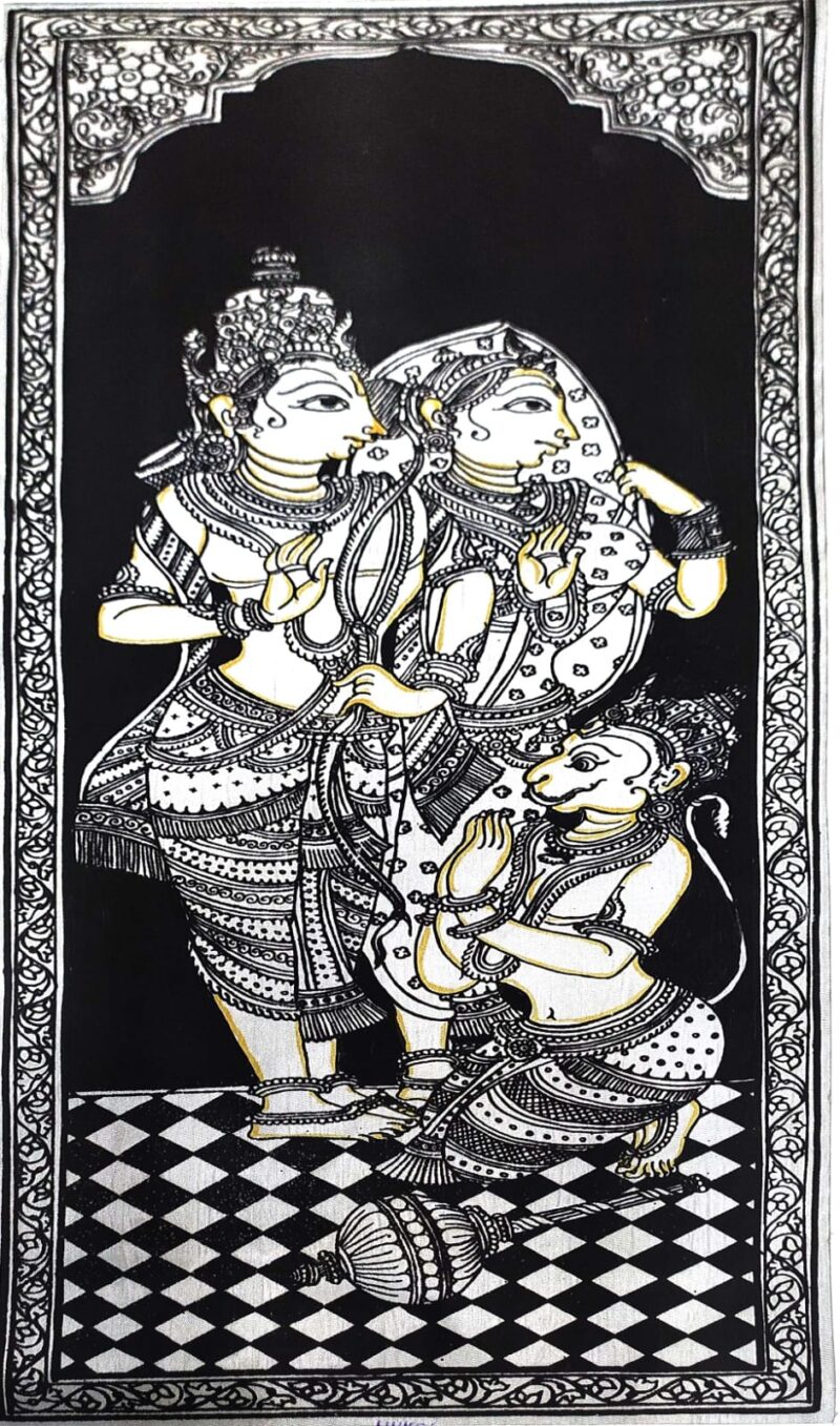 traditional canvas Pattachitra painting beautifully captures the divine trio of Lord Ram,Goddess Sita, and devotee Hanuman. - Image 5