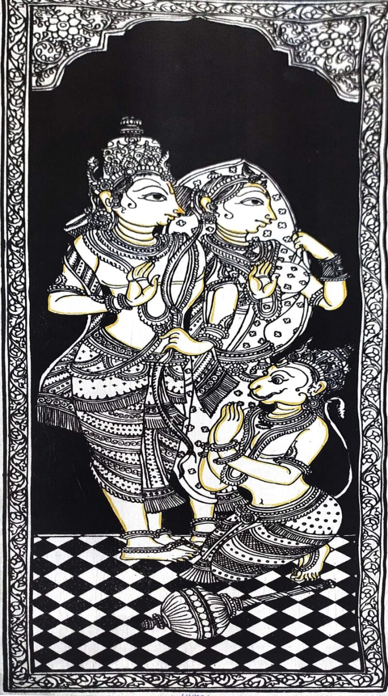 traditional canvas Pattachitra painting beautifully captures the divine trio of Lord Ram,Goddess Sita, and devotee Hanuman. - Image 4