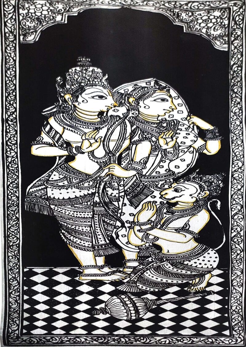 traditional canvas Pattachitra painting beautifully captures the divine trio of Lord Ram,Goddess Sita, and devotee Hanuman. - Image 3