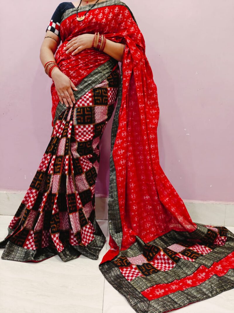 Handcrafted Sambalpuri Cotton Patchwork Saree with Blouse Piece – Traditional Elegance in Vibrant Hues