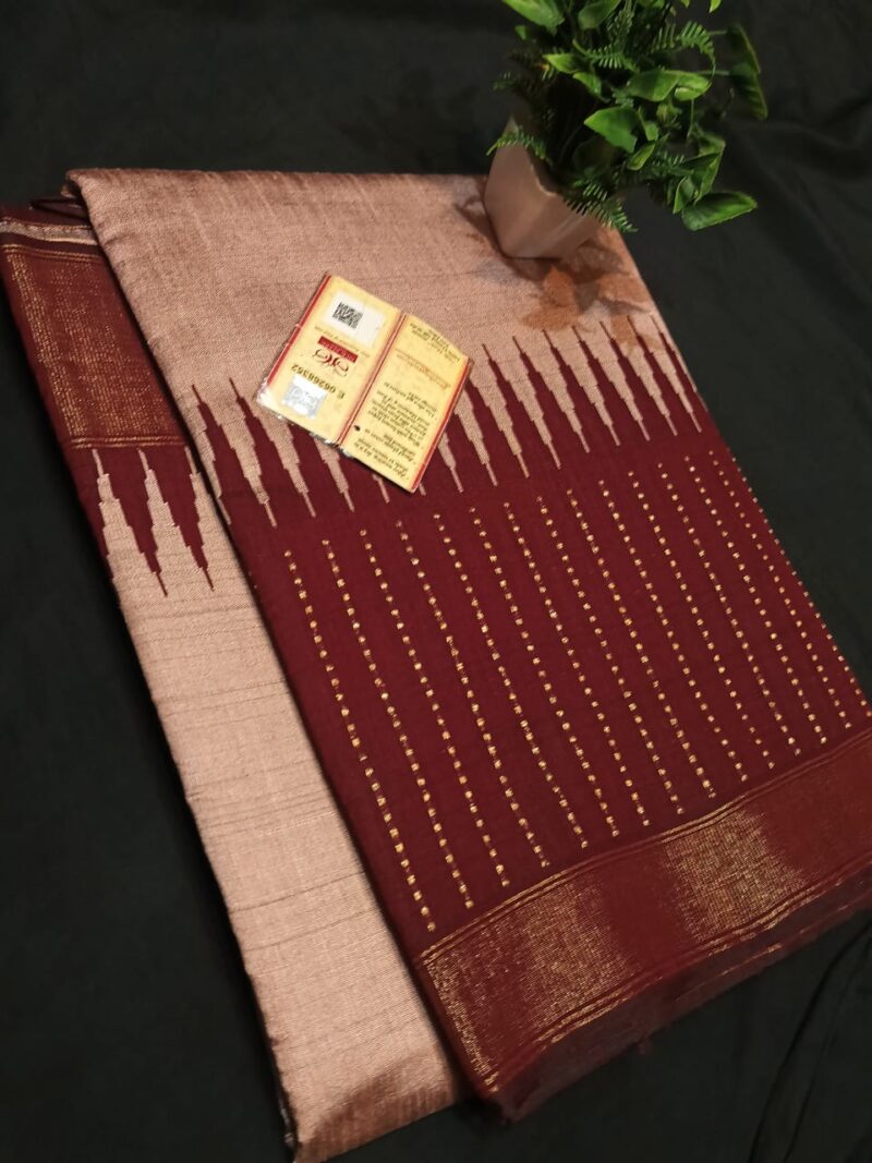 Regal Raw Silk Temple Border Saree | Handmade with Zari Khari & Rain Dots | Contrast Pallu & Blouse