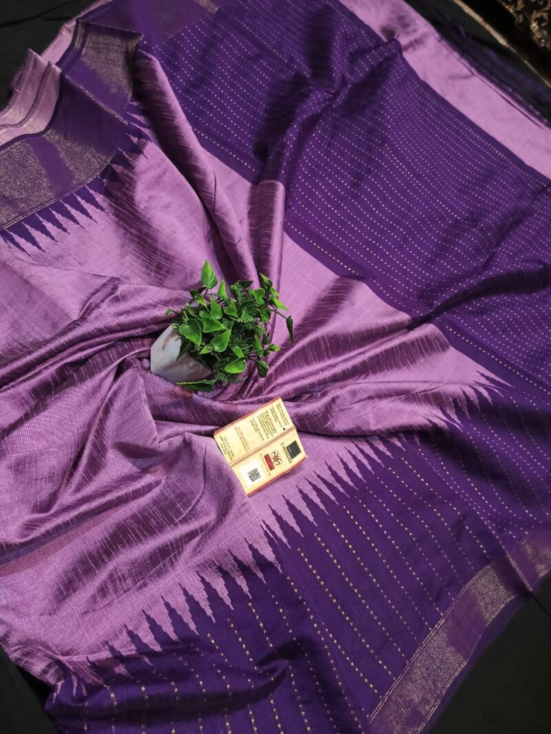 Regal Raw Silk Temple Border Saree – Zari Khari & Rain Dots with Contrast Pallu & Blouse | Handmade Luxury