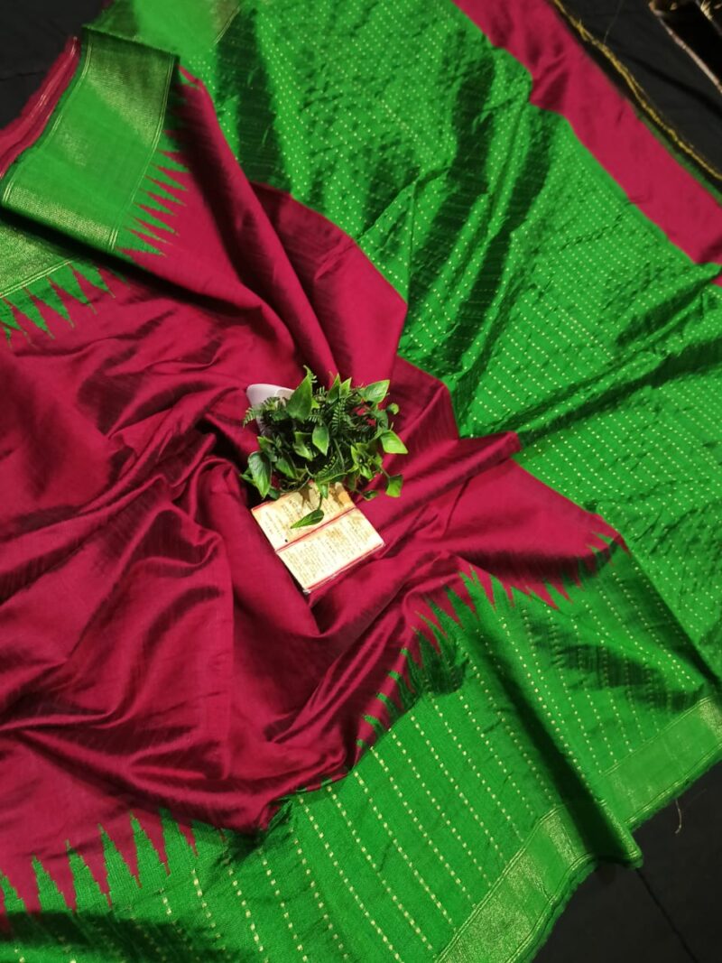Royal Raw Silk Temple Border Saree | Handcrafted Zari Khari & Rain Dot Design | With Contrast Blouse Piece