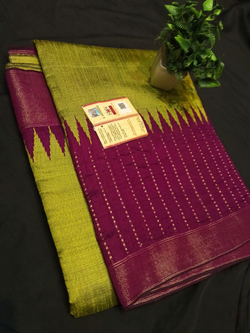 Royal Raw Silk Temple Border Saree | Handwoven Zari Khari & Rain Dots | With Contrast Blouse & Pallu