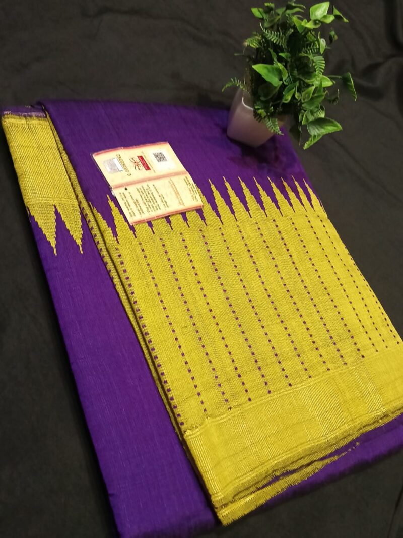 ROYAL ELEGANCE: Handwoven Raw Silk Saree with Temple Border & Zari Khari | Rain Dot Motifs | Contrast Blouse & Pallu