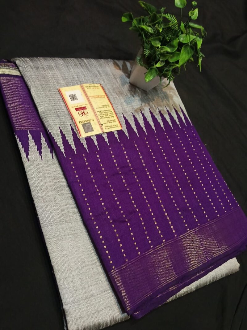 Royal Raw Silk Temple Border Saree | Handcrafted Zari Khari & Rain Dots | With Contrast Blouse Piece