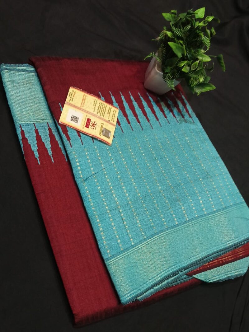 Royal Raw Silk Temple Border Saree | Handcrafted Zari Khari & Rain Dots | With Contrast Blouse & Pallu